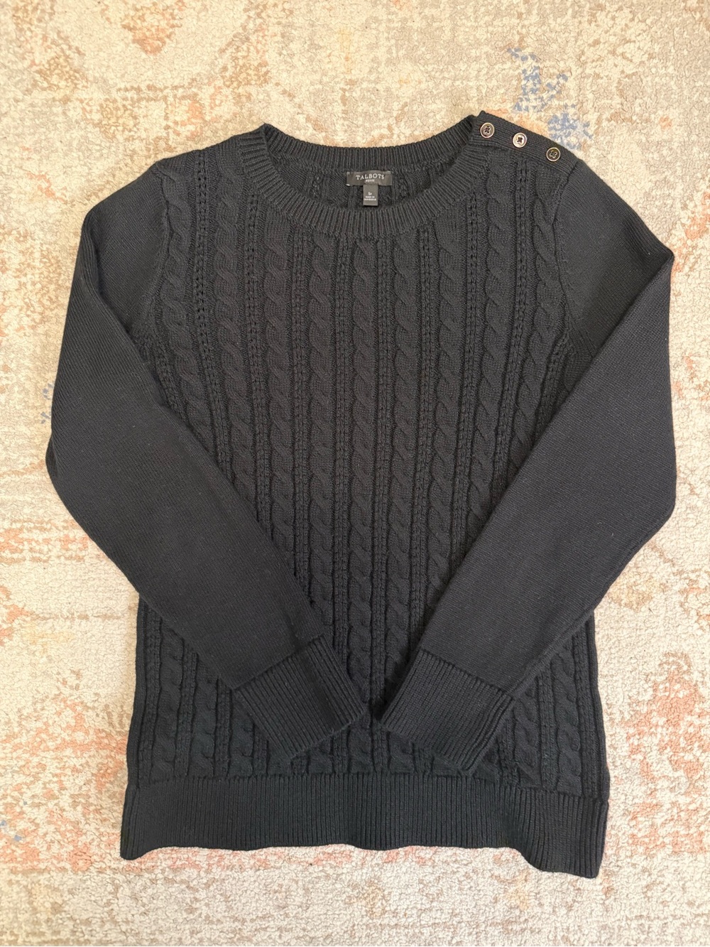 Talbots Petite Black Cable Knit Shoulder Button Sweater SP - Picture 2 of 11